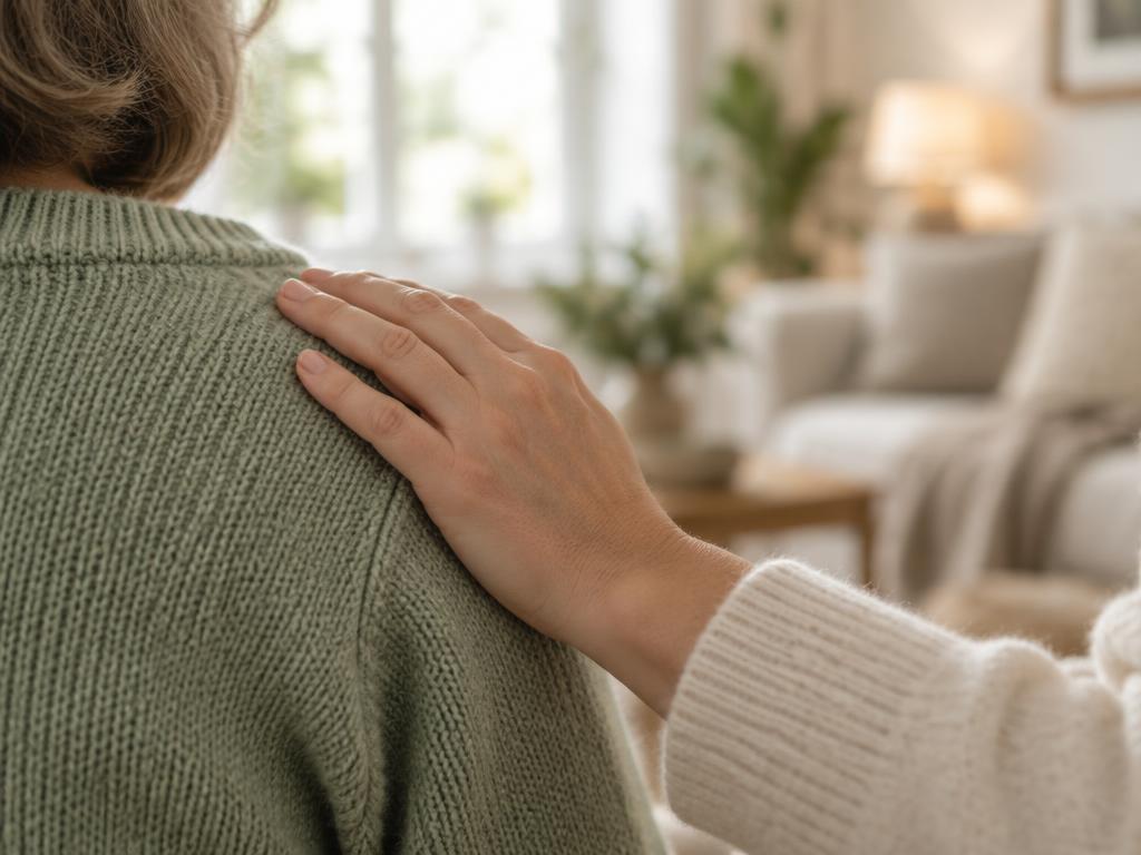 A hand gently resting on a shoulder in a quiet, comforting moment